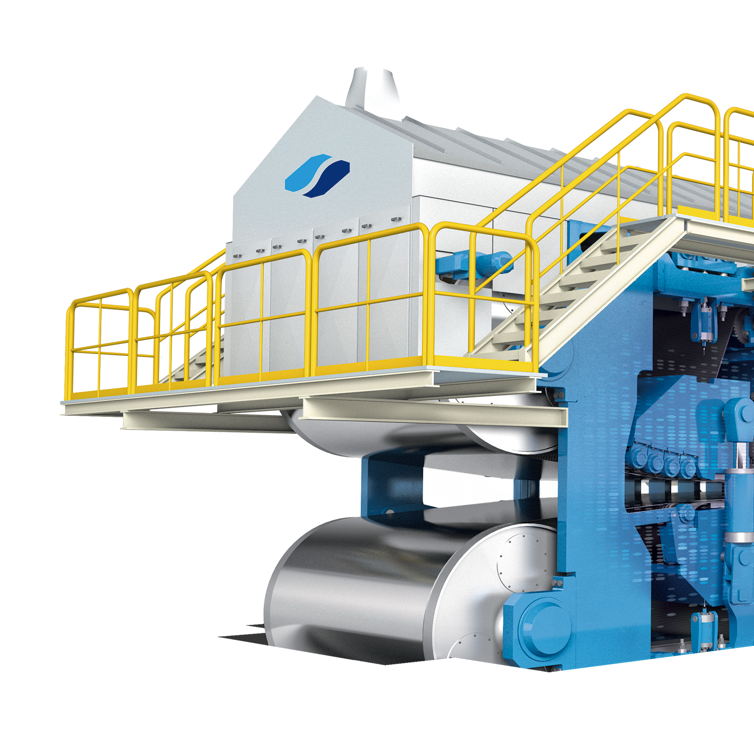 3D-Visualisierung der SIEMPELKAMP ContiRoll® Generation 9 iQ mit digital dargestellten Maschinen- und Prozessdaten.
