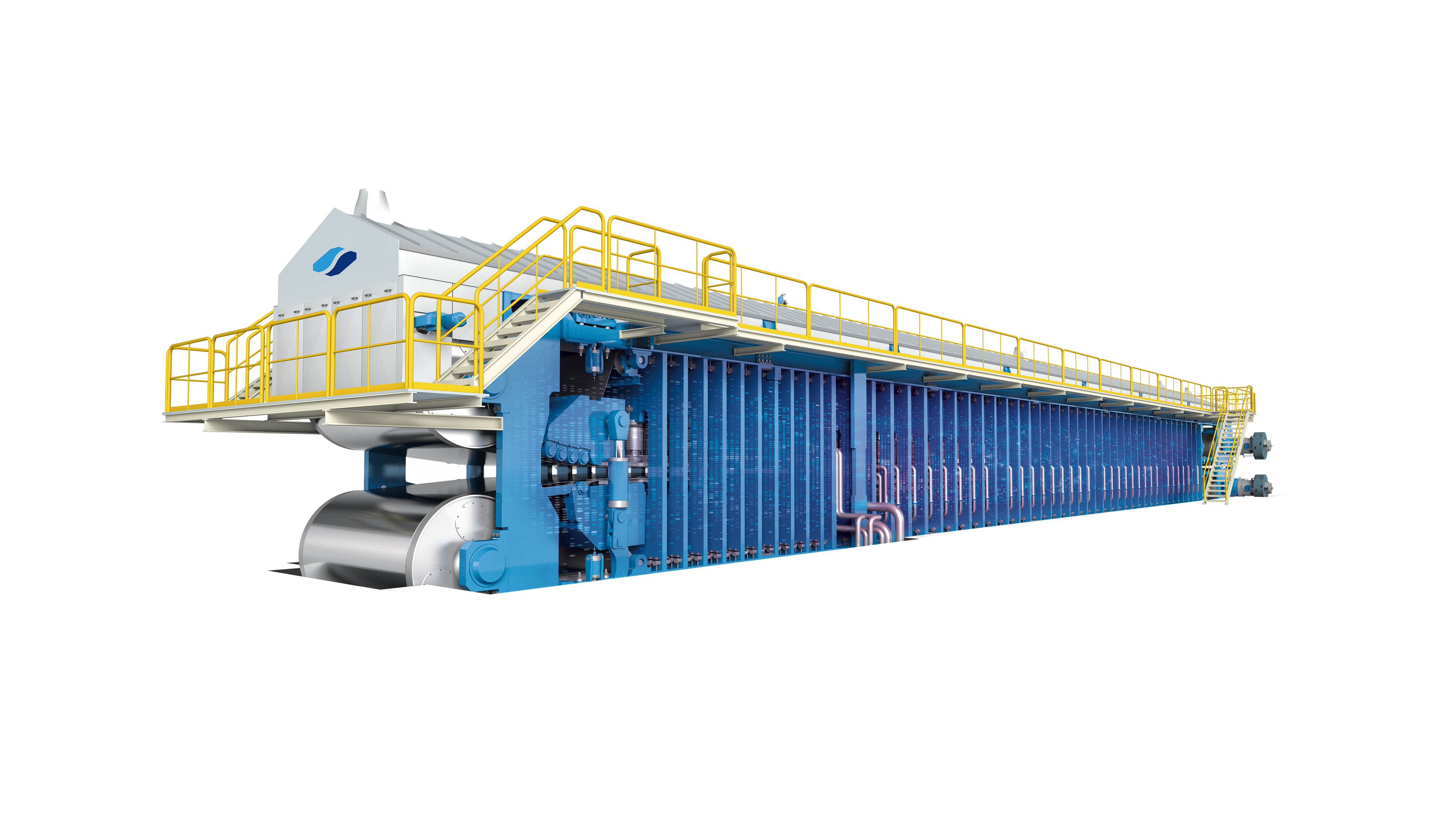 3D-Visualisierung der SIEMPELKAMP ContiRoll® Generation 9 iQ mit digital dargestellten Maschinen- und Prozessdaten.