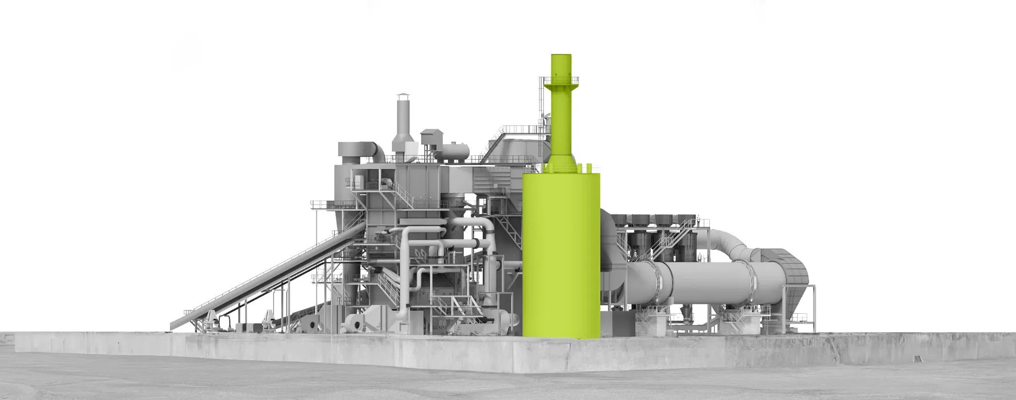 3D-Modell einer Industrieanlage mit grün hervorgehobener Technik zur Abgas-, Abluft- und Prozessgasreinigung.