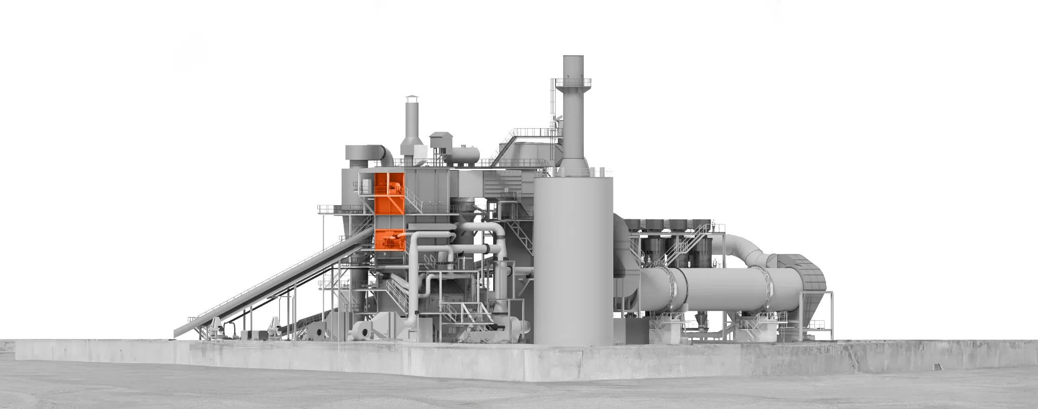 3D-Visualisierung einer Industrieanlage mit orange hervorgehobenen Brennereinheiten von Siempelkamp Energy & Drying Solutions.