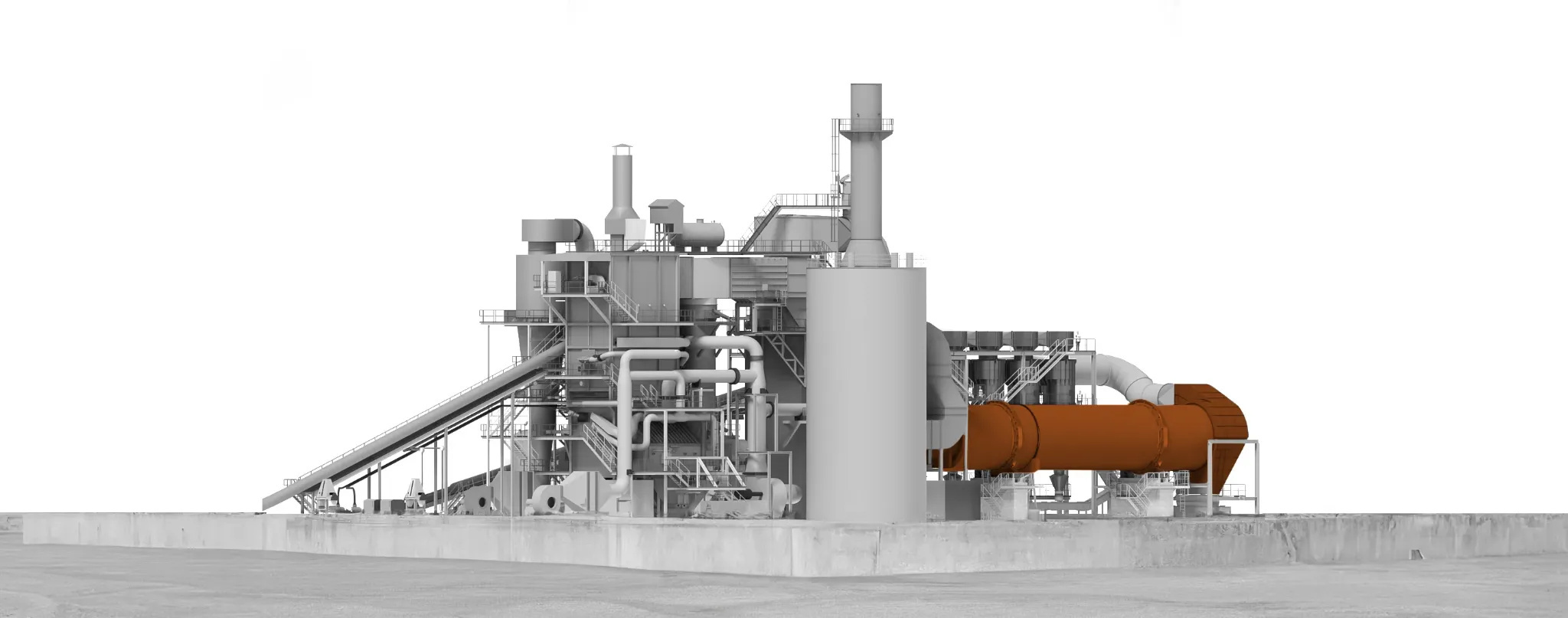 3D-Visualisierung einer Fabrikanlage mit braun hervorgehobener Siempelkamp-Trocknungsanlage.